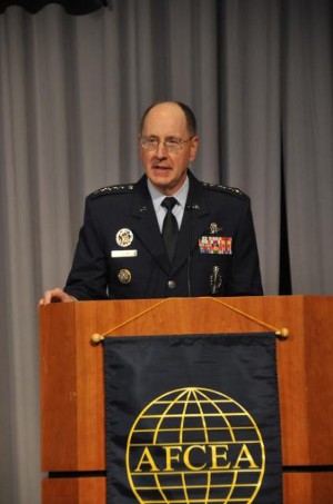 Gen. C. Robert Kehler, USAF, U.S. Strategic Command, addresses attendees at the Cyber and Space 2011 Symposium in November.